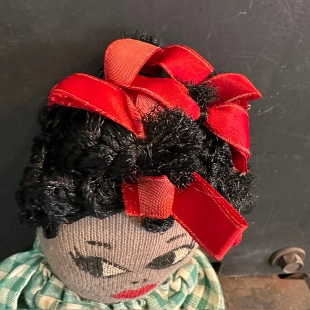 Handmade Vintage Folk Art Rag Doll Green Gingham Wooden Hands Feet 15in Prim